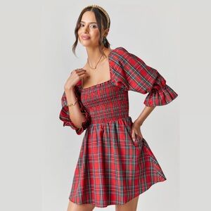 NWT Audrey Parks Abigail Tartan Plaid Square Neck Smocked Dress Size XL Red